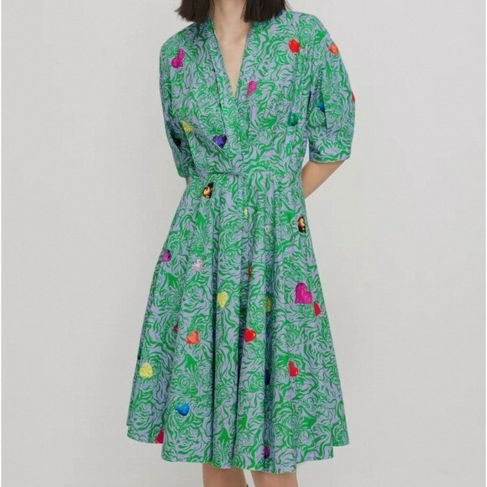 JNBY Fit & Flare Dress Heart‎ Print Short Sleeve Green Purple Size L